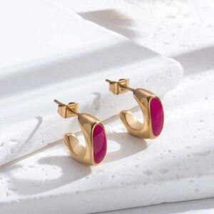 Gold-Plated Hoops with Fuchsia Enamel Inlay
